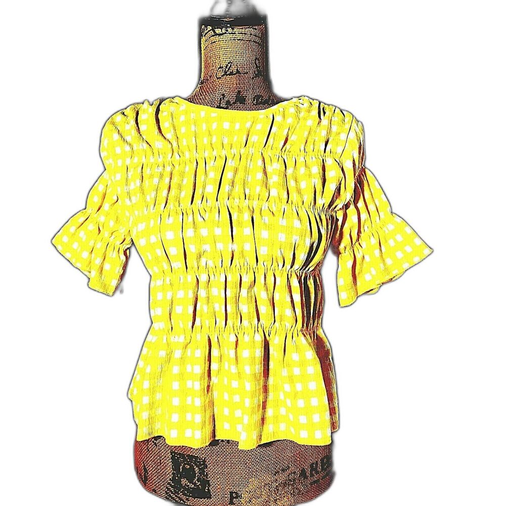 NWT Zara Top Junior 13/14 Yellow White Checker Gingham Plaid Ruffle Cute